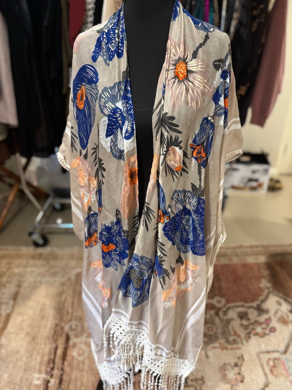 Floral Fringe Kimono Wrap in Taupe with Blue & Orange Blooms